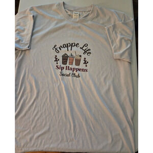 "Frappe Life Sip Happens" Polyester Short Sleeve Light Gray Womens TShirt XL
